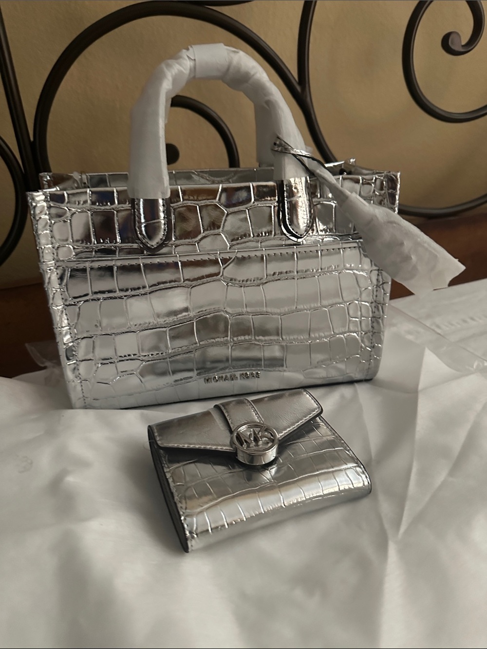 Michael Kors Silver Croc-Embossed Satchel with Matching Wallet